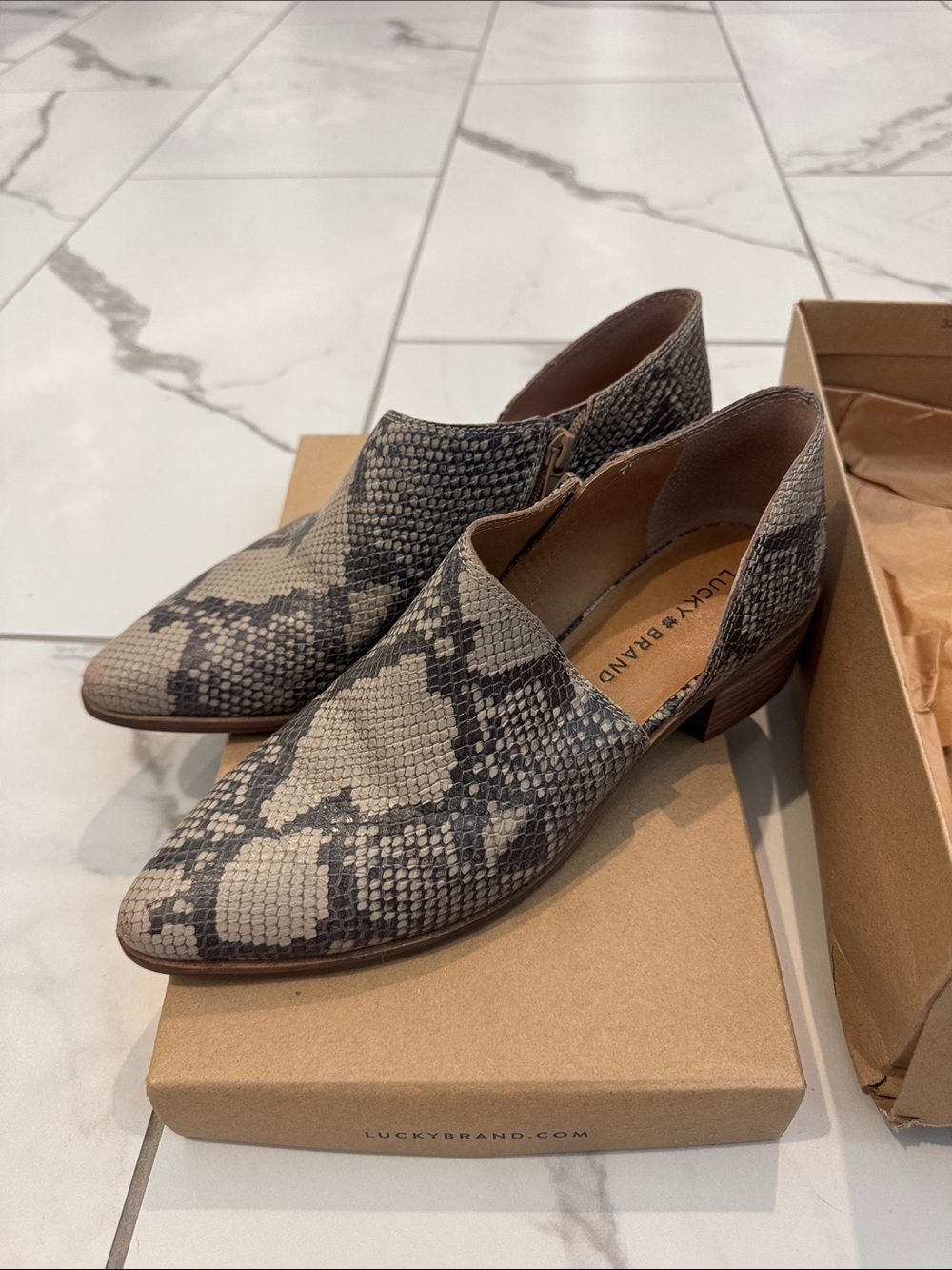 Lucky Brand Women’s Snake-Print Ankle Booties in Gray and Cream